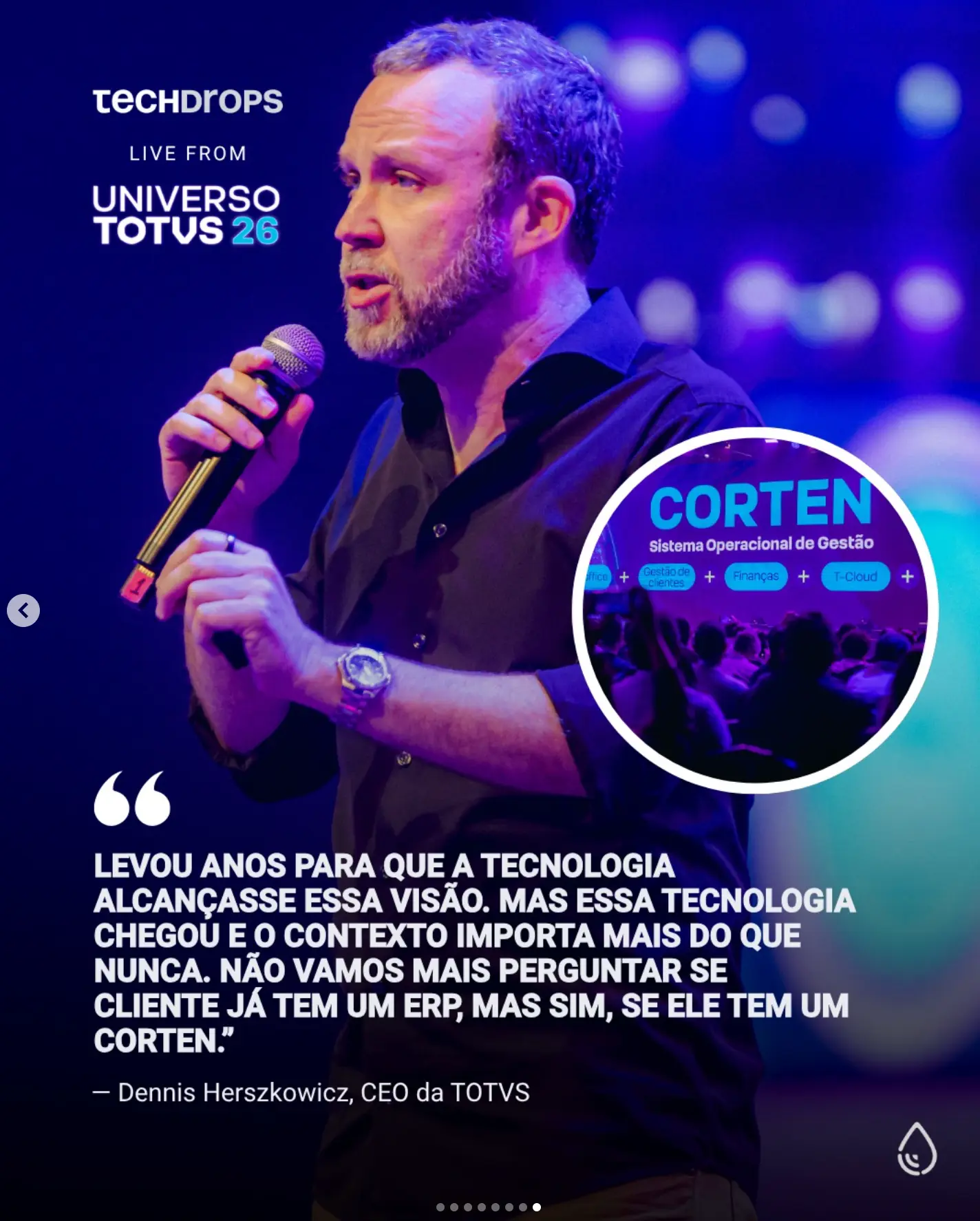 Dennis Herszkowicz, CEO da TOTVS, no palco do Universo TOTVS 2026 apresentando o Corten, Sistema Operacional de Gestão